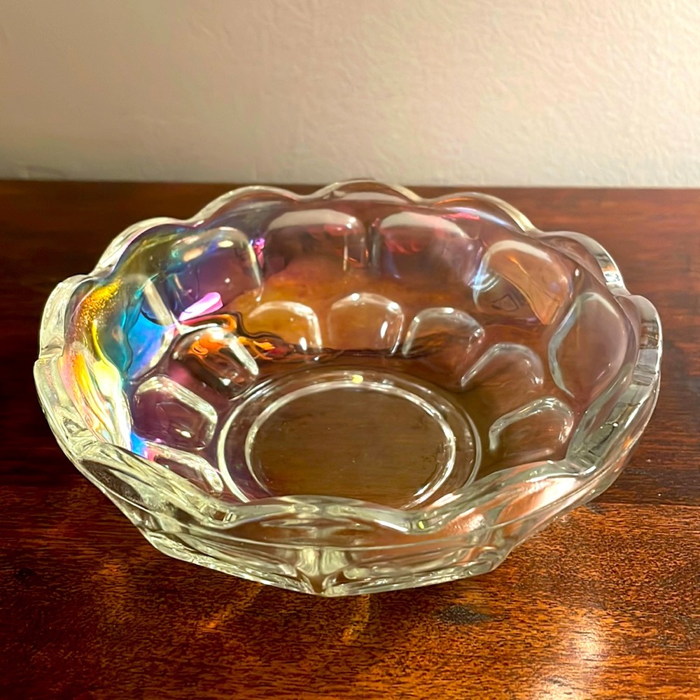 Vintage Federal Yorktown Clear Iridescent Carnival Glass Bowl Scalloped Edges